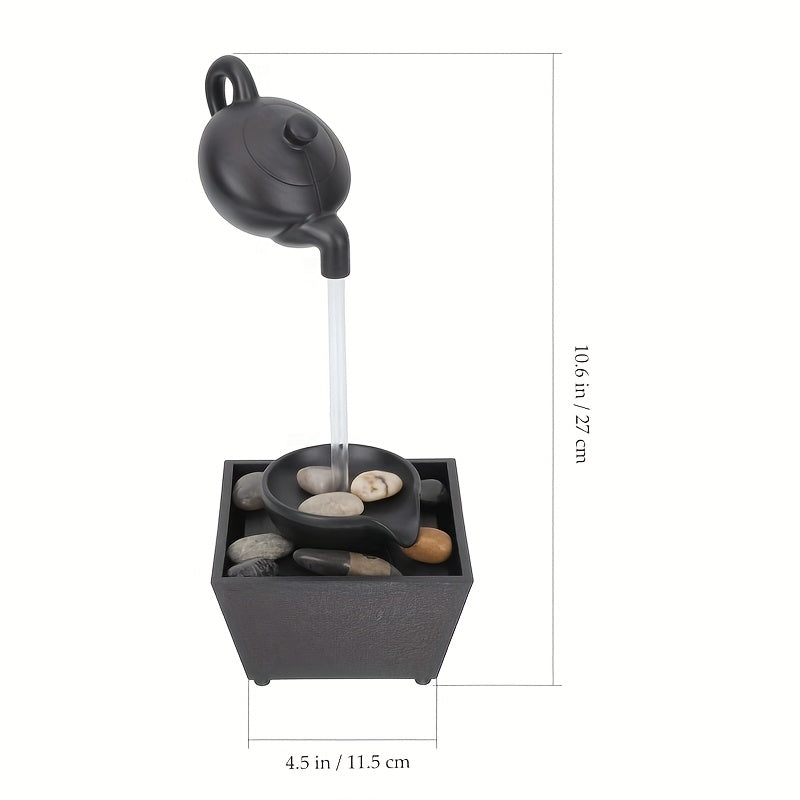 Zen Teapot Water Fountain with LED Warm Light & Flowing Water | Black Resin Tabletop Relaxation Fountain, Pebble Bed, Meditation Decor for Home Office, Stress Relief Gift