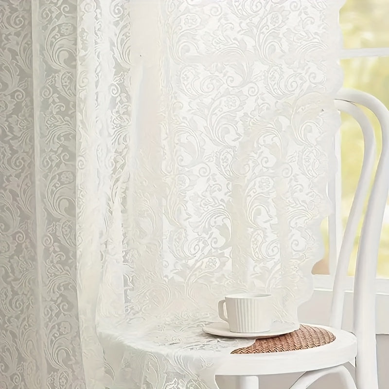 Phoenix Tail Floral Lace Sheer Curtain – Elegant Semi-Sheer Rod Pocket Panel with Eyelet Detailing | Living Room, Kitchen & Bathroom | White, Green & Coffee