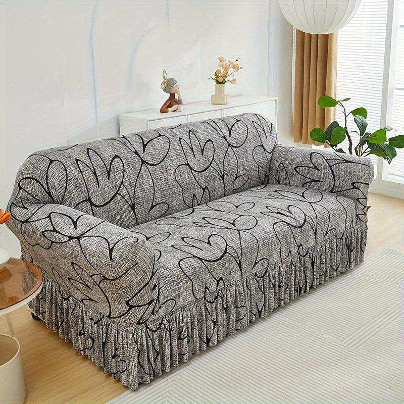 Elastic Sofa Cover with Printed Skirt - Universal Stretch Couch Slipcover Furniture Protector 2 3 4 Seater Living Room Bedroom Office All Seasons