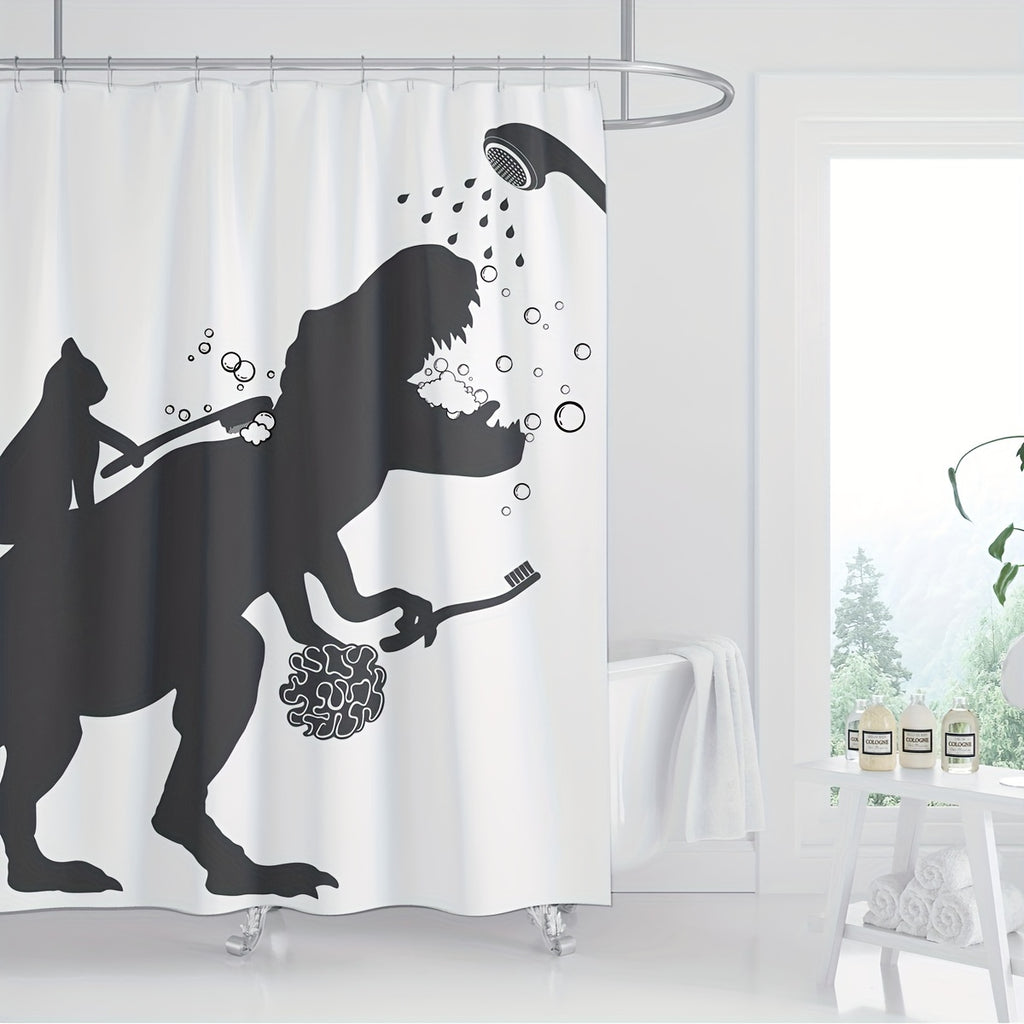 Funny Cat Dinosaur Shower Curtain - Cat Helps T-Rex Bathe Humorous Black White Bathroom Decor, Waterproof Polyester 71x71 Inch with 12 Hooks, Boys Kids Dino Novelty Curtain