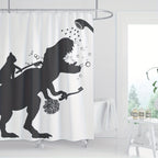Funny Cat Dinosaur Shower Curtain - Cat Helps T-Rex Bathe Humorous Black White Bathroom Decor, Waterproof Polyester 71x71 Inch with 12 Hooks, Boys Kids Dino Novelty Curtain