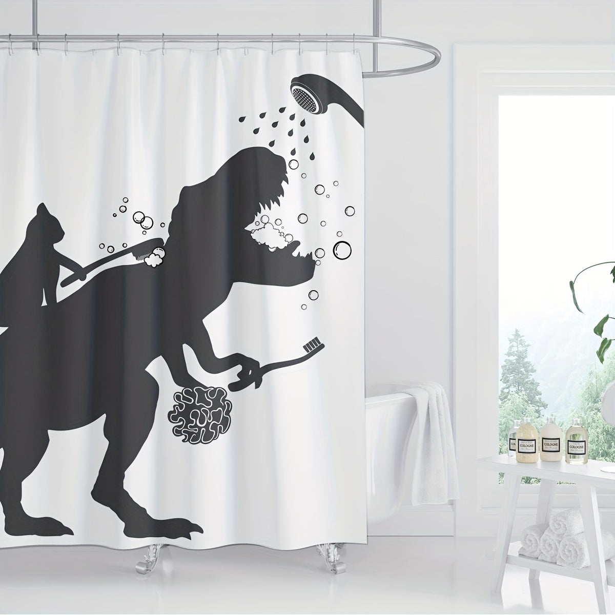 Funny Cat Dinosaur Shower Curtain - Cat Helps T-Rex Bathe Humorous Black White Bathroom Decor, Waterproof Polyester 71x71 Inch with 12 Hooks, Boys Kids Dino Novelty Curtain