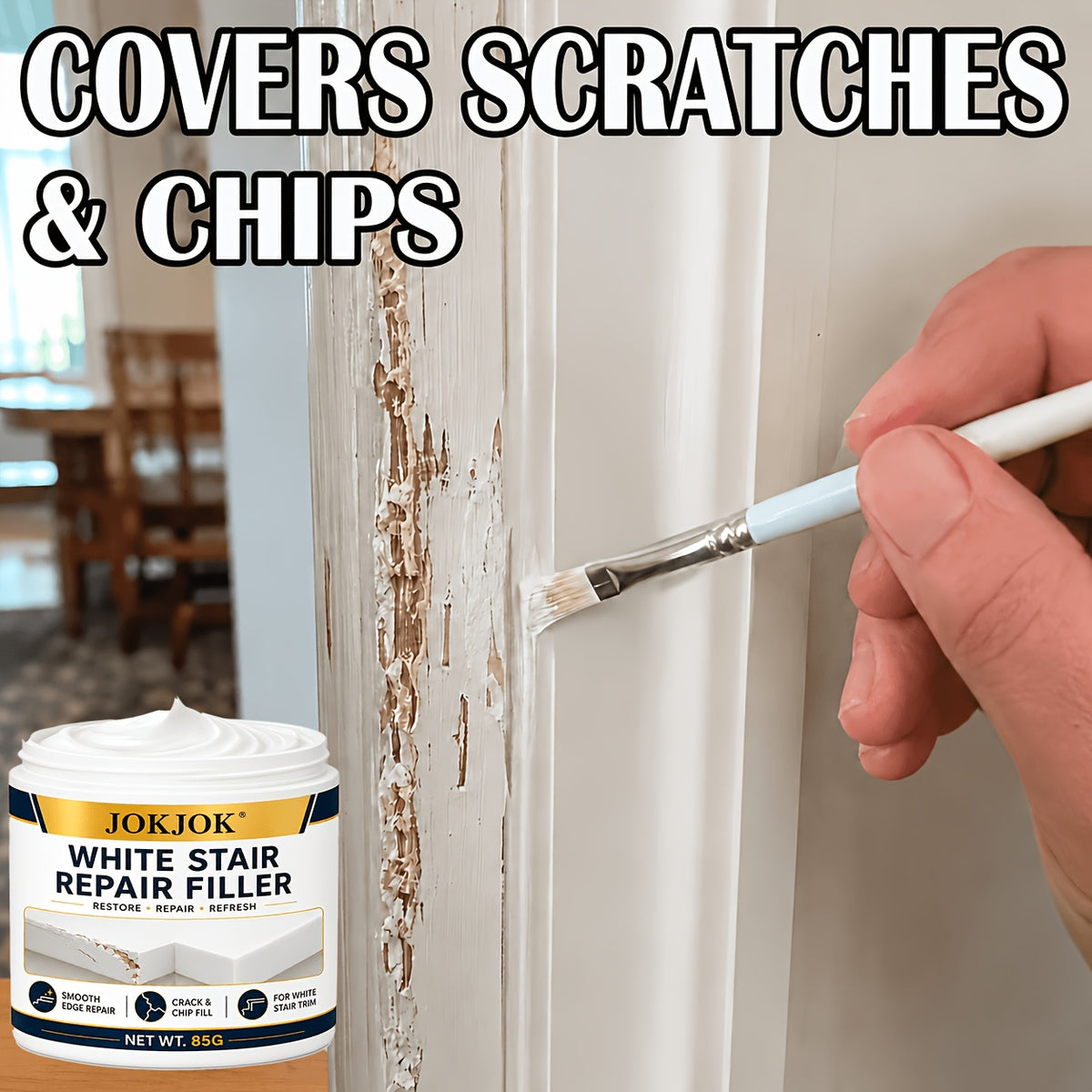 White Wood Repair Paste for Door Frames, Trim & Furniture Edges, Covers Chips, Scuffs & Surface Damage for a Smooth Clean Finish, Wood Frame Filler for Walls, Baseboards & Molding