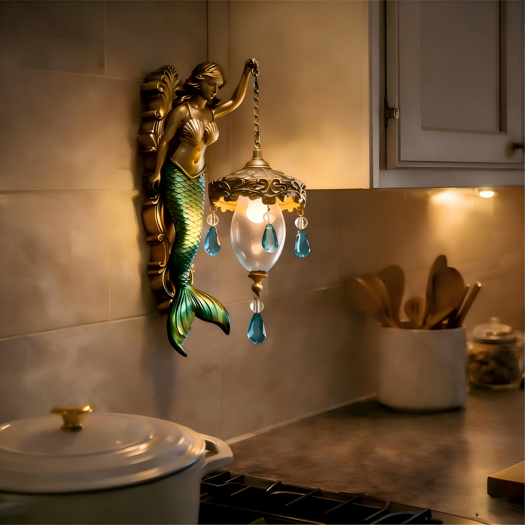 Mermaid Wall Night Light Battery Powered Wireless - Vintage Soft Glow LED Wall Lamp with Elegant Tail Design for Bedroom, Kids Room & Fantasy Decor, Plug-Free Wall Sconce Gift