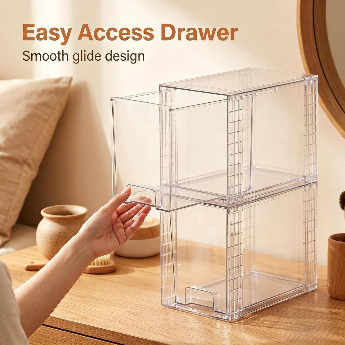Under Sink Organizer Clear Stackable Storage Drawers – 4 Pack Plastic Bins for Bathroom, Kitchen, Skincare & Makeup, 9.7" High