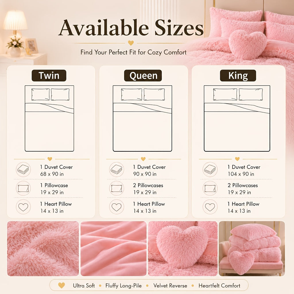Luxury Fluffy Plush Bedding Set – Soft Duvet Cover, Pillowcases & Throw Pillow, Queen/King, All-Season