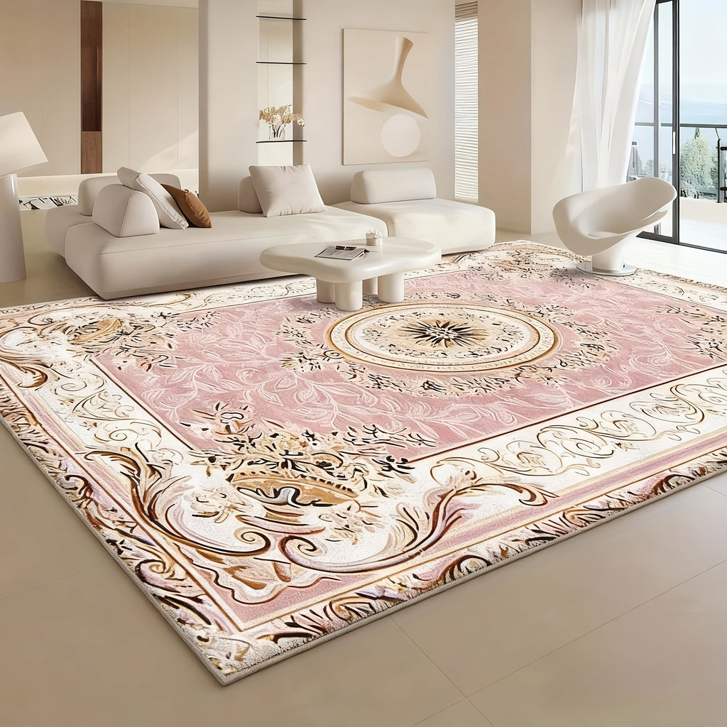 Luxury Velvet Floral Area Rug 852GSM Low Pile Machine Washable Non-Slip Vintage Checkered Design for Bedroom Living Room Dining Office 5 Sizes
