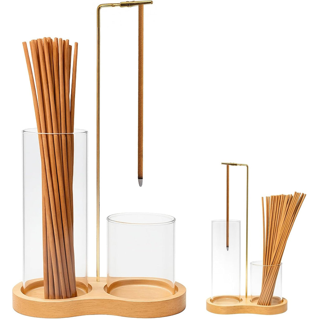 4-Piece Minimalist Glass Incense Holder Set with Wooden Base – Transparent Zen Style Ash Catcher for Yoga, Meditation & Home Decor
