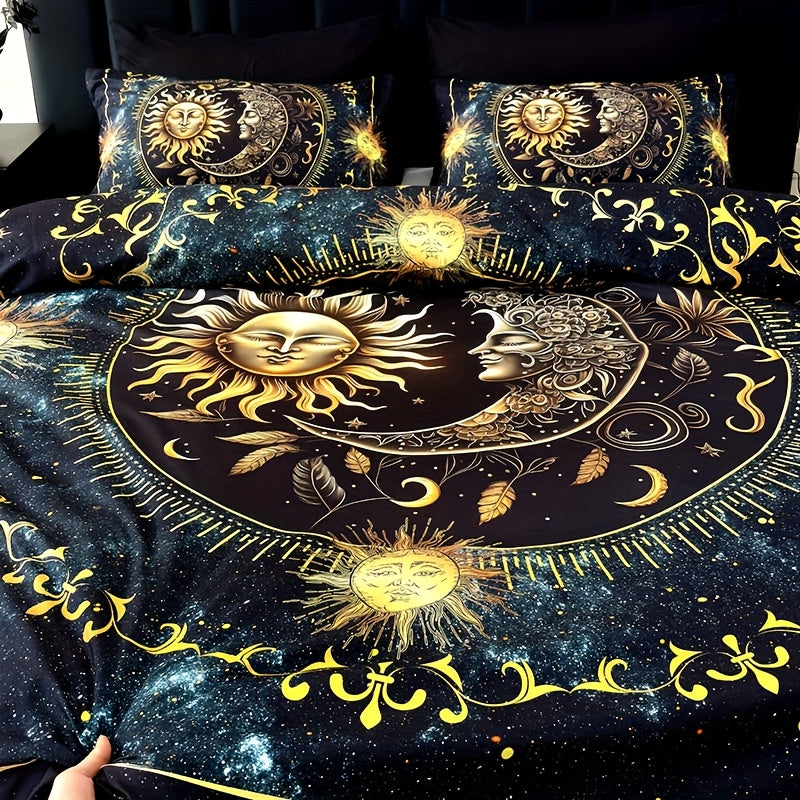 Celestial Sun Moon Duvet Cover Set 3 Piece - Soft Breathable Galaxy Planet Print Bedding Twin Full Queen King Dorm Bedroom No Insert