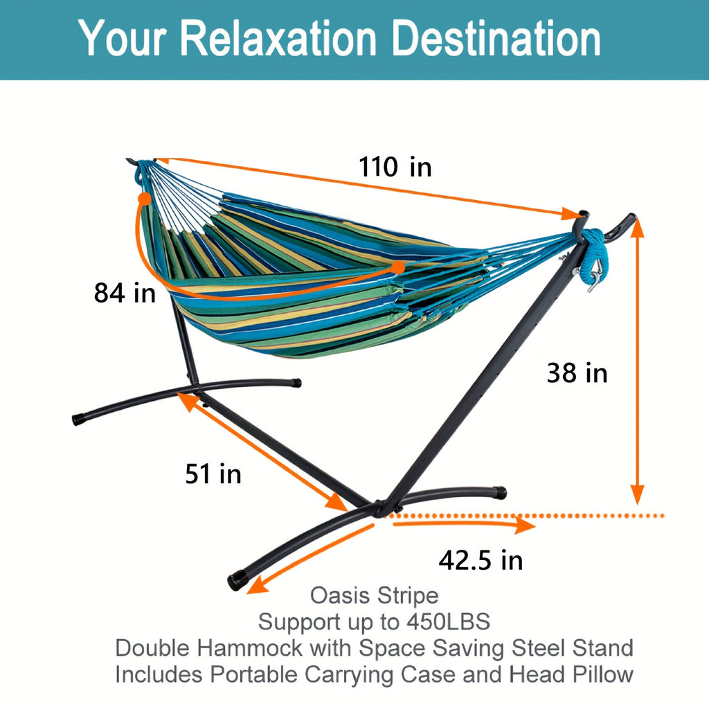 Heavy-Duty Double Hammock with Steel Stand – 450 lbs Capacity, 100% Linen Canvas, Carry Case & Head Pillow Included, No Assembly, Portable for Patio, Backyard, Camping & Balcony | 4 Colors