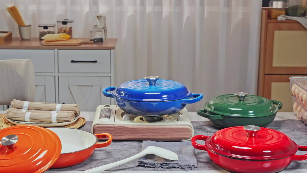 Enamel Cast Iron Dutch Oven 3QT with Lid – Shallow Wide Bottom, Double Handle, 4 Colors (Red, Blue, Green, Orange) | All Stove Types Compatible – Perfect for Cooking, Stewing & Braising