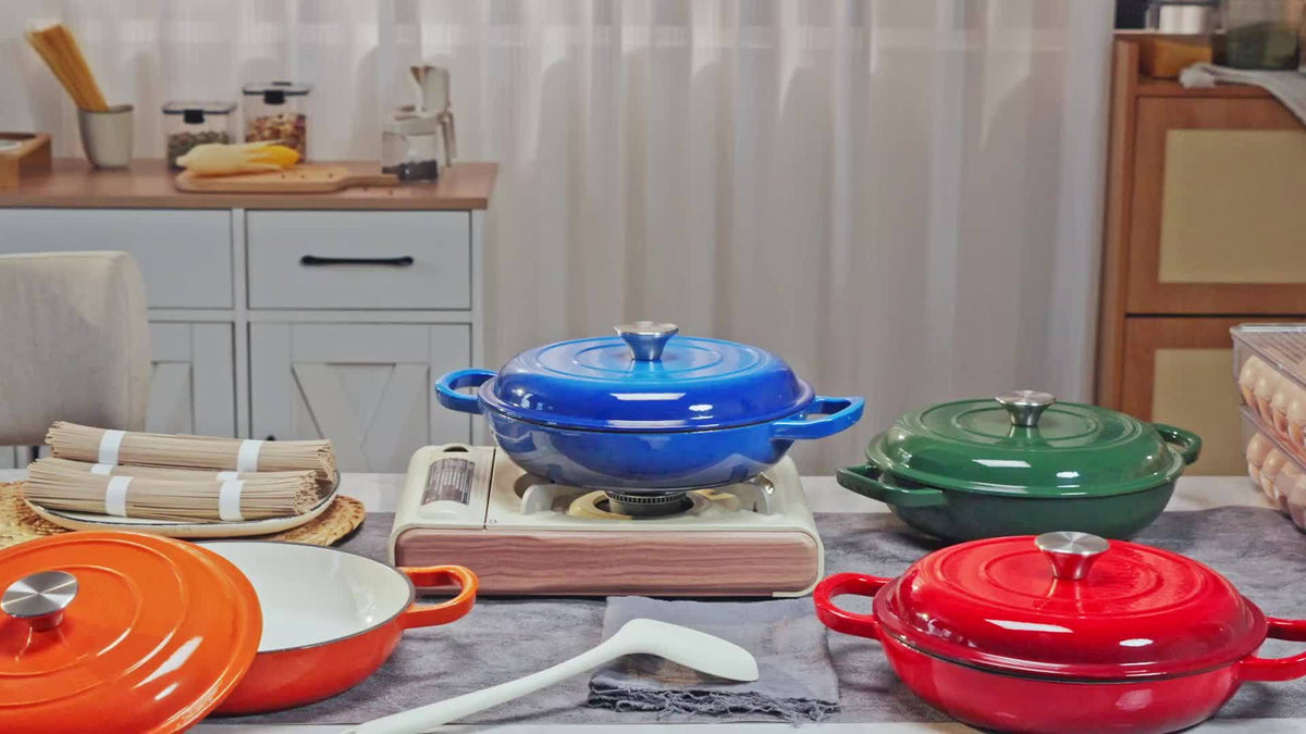 Enamel Cast Iron Dutch Oven 3QT with Lid – Shallow Wide Bottom, Double Handle, 4 Colors (Red, Blue, Green, Orange) | All Stove Types Compatible – Perfect for Cooking, Stewing & Braising