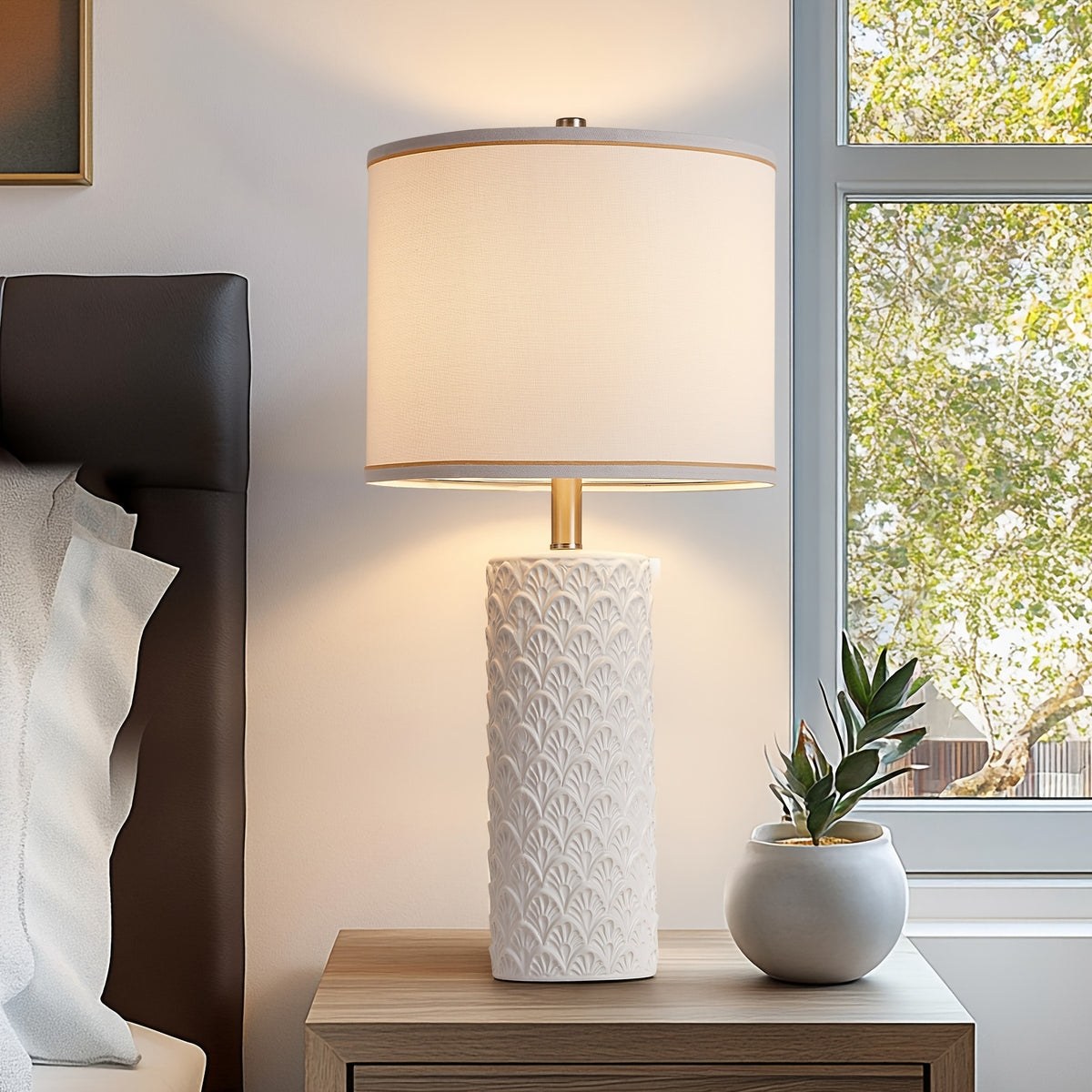 27" Modern Ceramic Table Lamp Set of 2 – Farmhouse Bedside Lamps with 3 Color Temperatures for Bedroom, Living Room & Office (LED Bulb Included)