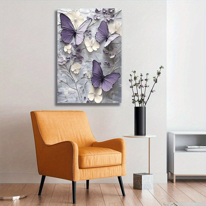 Elegant Butterfly Floral Canvas Wall Art – Wooden Framed Large Print, Rustic Farmhouse Style, Purple & White Floral Design on Grey Background, Perfect for Wedding, Bridal Shower, Living Room & Home Decor