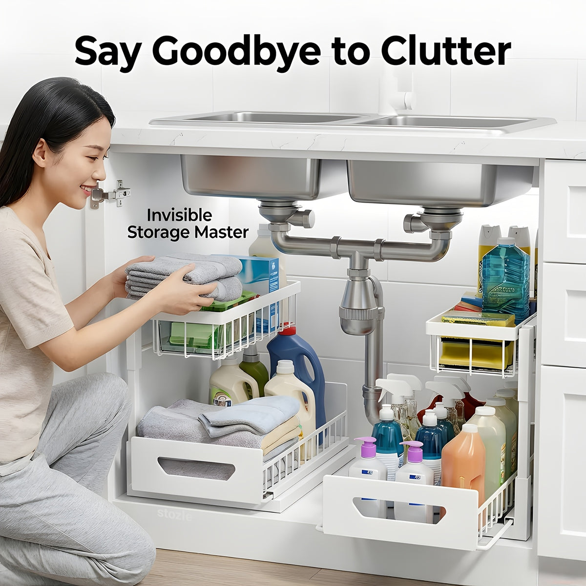Under Sink Organizer 2-Pack 2-Tier Slide-Out Pull-Out Cabinet Shelf - Heavy Duty Carbon Steel with Adjustable Compartments for Kitchen, Bathroom, Pantry & Closet Organization