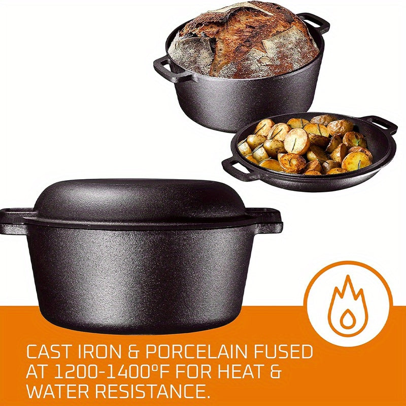 Cast Iron Dutch Oven Set 2-in-1 – 6.1QT Deep Pot & 1.9QT Frying Pan Lid, 6-Piece with Silicone Handles, Scraper & Iron Frame | Pre-Season Ready, Oven, Stove, BBQ & Induction Safe