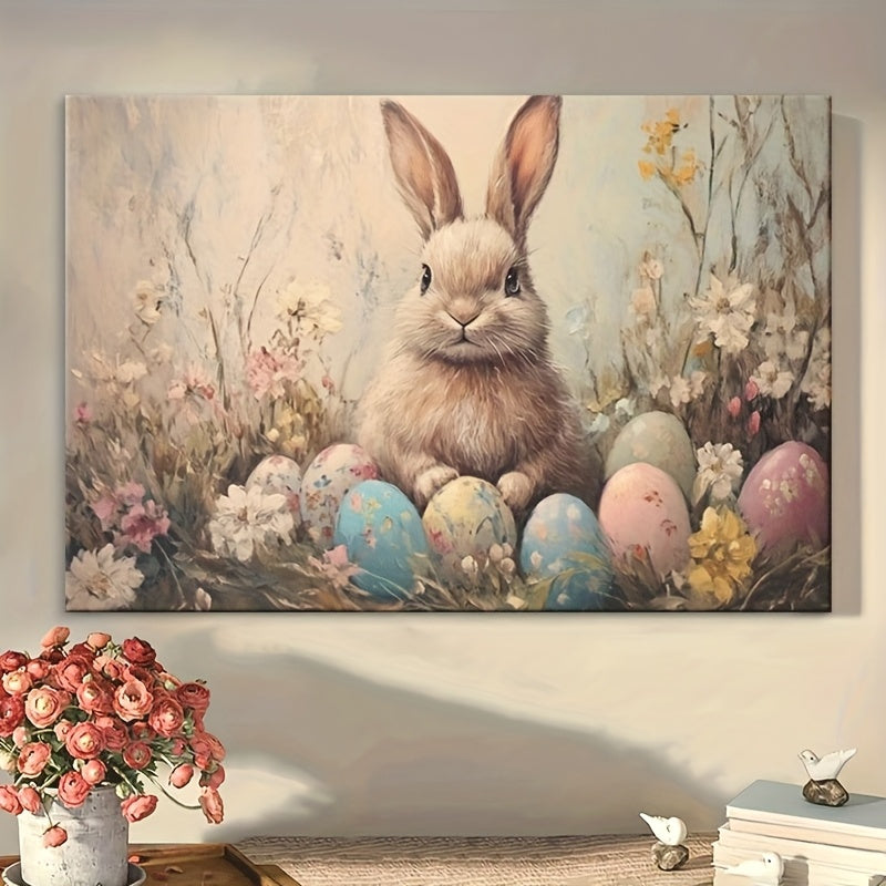Easter Bunny Canvas Wall Art – Vintage Framed Oil Painting Print, Charming Bunny Rabbit Decor for Living Room Bedroom, Unique Easter Gift for Home