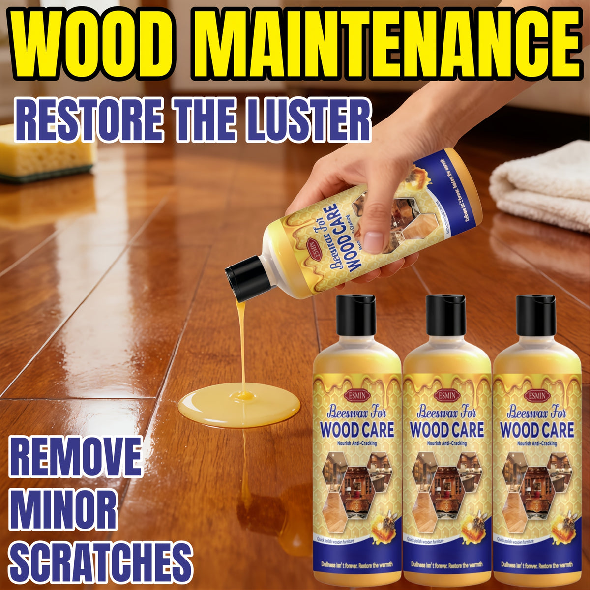 Beeswax Wood Restoration Cream 3pcs Professional Grade | Scratch Repair & Care Polish for Solid Wood Furniture Floors Countertops Doors Windows, Restores Shine Lasting Fragrance