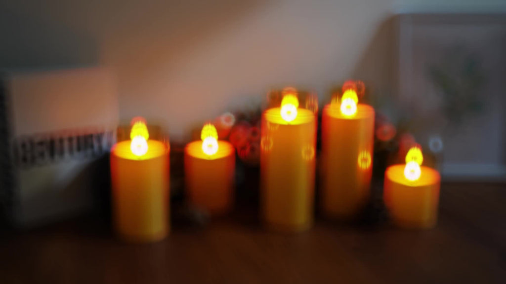 Flameless LED Pillar Candles Set of 5 with Remote Control & Timer, Battery Operated Flickering Candles, 3-Inch Diameter Organic Glass, 4" 5" 6" 8" Sizes - Ivory, Gray & Amber for Home & Halloween Decor