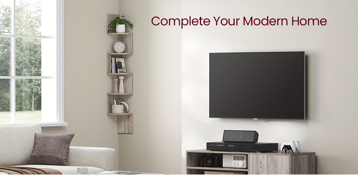 5-Tier Corner Floating Shelf Wall Mount Space-Saving Display Organizer Storage Rack for Bedroom Living Room 7.9x7.9x49.6 Inch Black White Brown