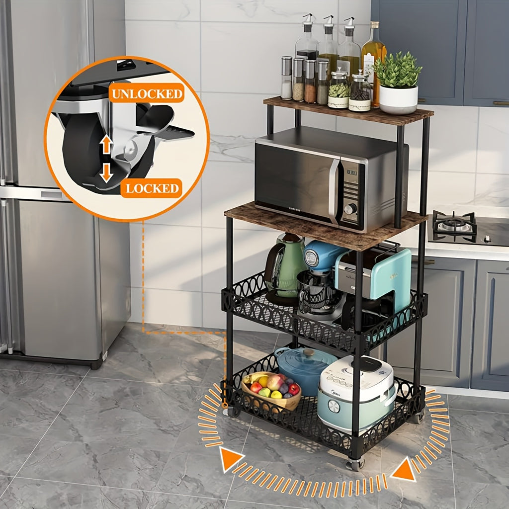 4-Tier Kitchen Microwave Oven Stand with Wheels – Vertical Baking & Bread Storage Rack for Kitchen & Dining Room | Rolling Floor-Standing Shelving