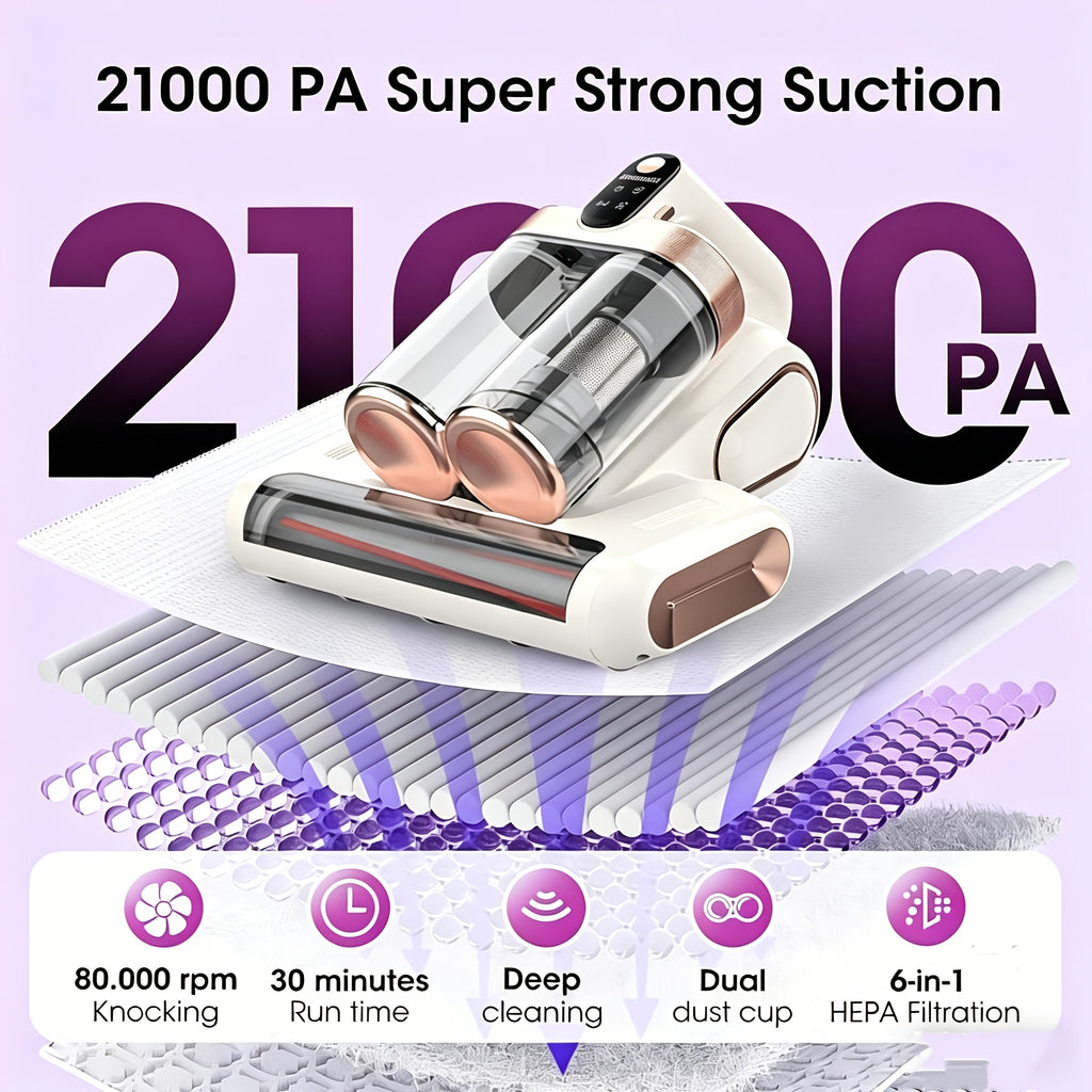 Mattress Vacuum Cleaner Cordless UV-C 21KPa – Deep Cleaning Bed Vacuum with UV Light, Soundwave Tech, Dual Dust Cup 520ml, HEPA Filter, 35-Min Battery, for Mattress Sofa Pillow & Carpet