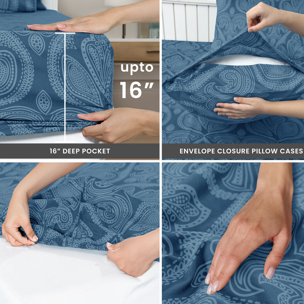 Paisley Bed Sheet Sets Queen King Twin Full Cal King – Soft Brushed Microfiber Deep Pocket Fitted Sheet & Pillowcases, Wrinkle Free