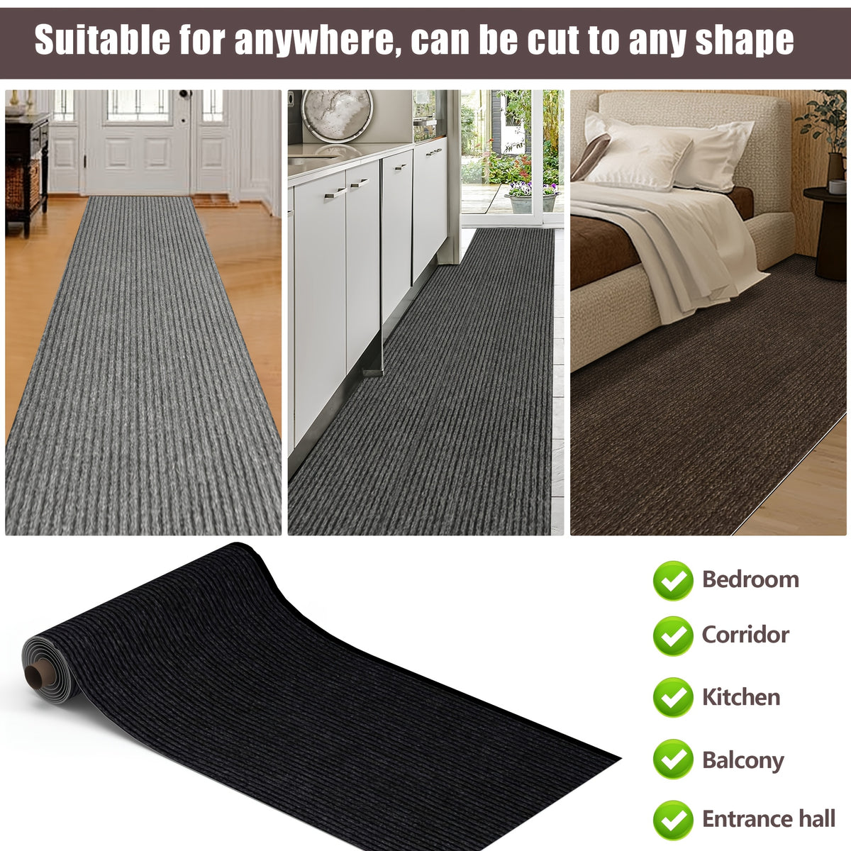 Non-Slip Peel-and-Stick Aisle Runner – 7mm Thick, Self-Adhesive, Easy to Cut | Kitchen, Hallway & Staircase | 3 Colors, 4 Sizes | Nuvia Haven