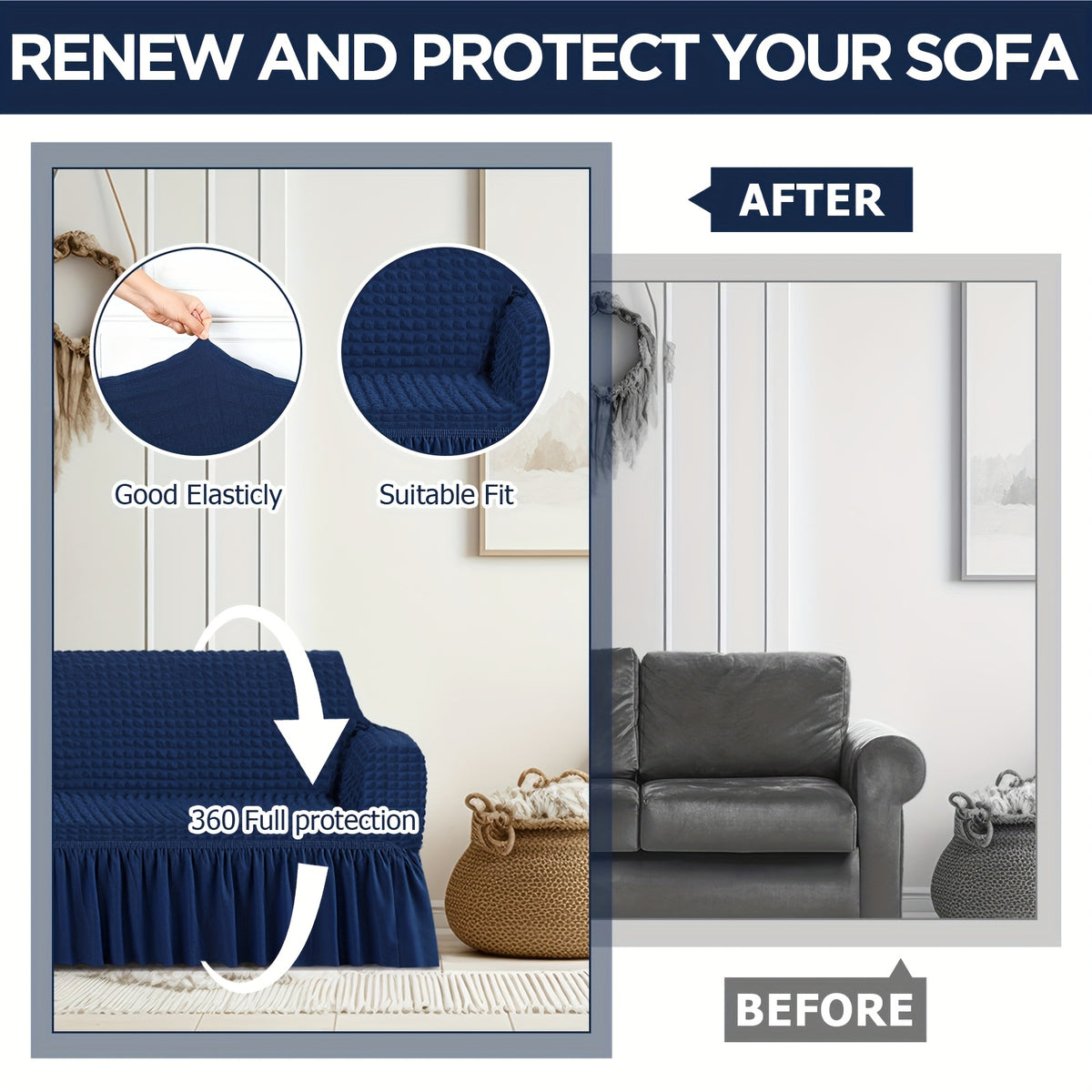 Sofa Slipcover Set 3 Piece Stretch Elastic Couch Cover with Skirt Washable Furniture Protector for Sofa Loveseat Armchair 3 Colors