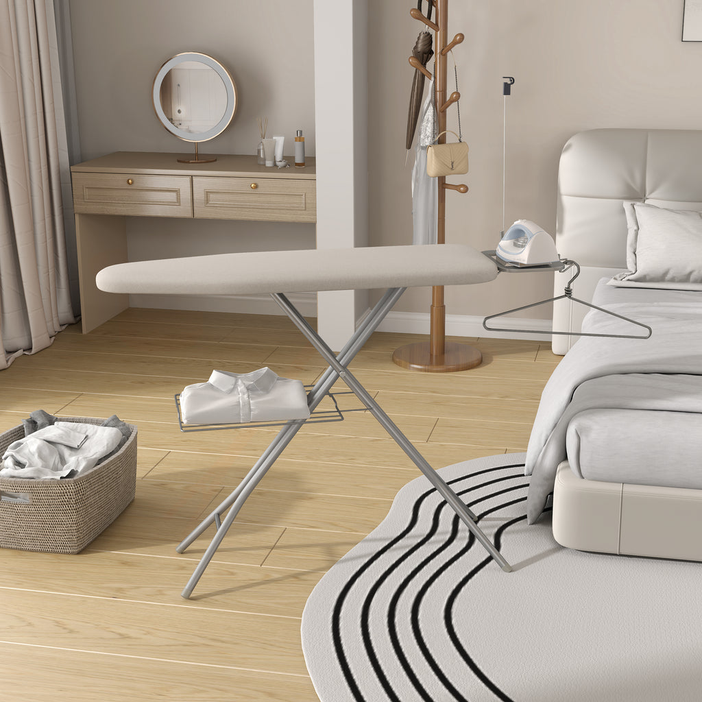 Full-Size Foldable Ironing Board Height-Adjustable – Heavy-Duty Steel Legs, 4-Layer Padding, Iron Rest, Cord Holder & Storage Rack for Laundry Room, Living Room & Dorm | Beige & Gray
