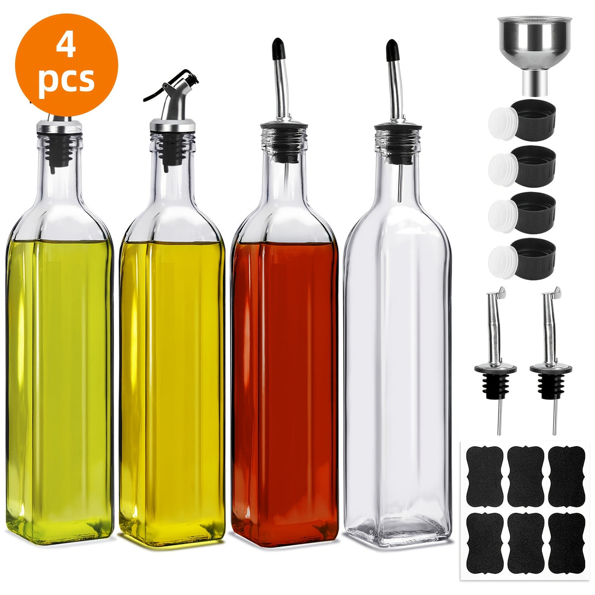 Glass Oil Dispenser Bottles Set 4/8pcs, 17oz Square Borosilicate Glass Olive Oil & Vinegar Dispenser with Spout, Funnel, Labels & Lids, Kitchen Condiment Containers for Home, Restaurant & Outdoor
