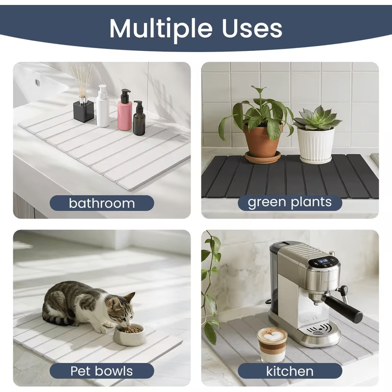 Diatomite Dish Drying Mat Set 7pcs, Super Absorbent Fast-Dry Kitchen Counter Mat, Heat Resistant Trivet & Non-Slip Foldable Stone Texture Mat for Dishes, Sink & Bathroom, Food Safe, Great Gift