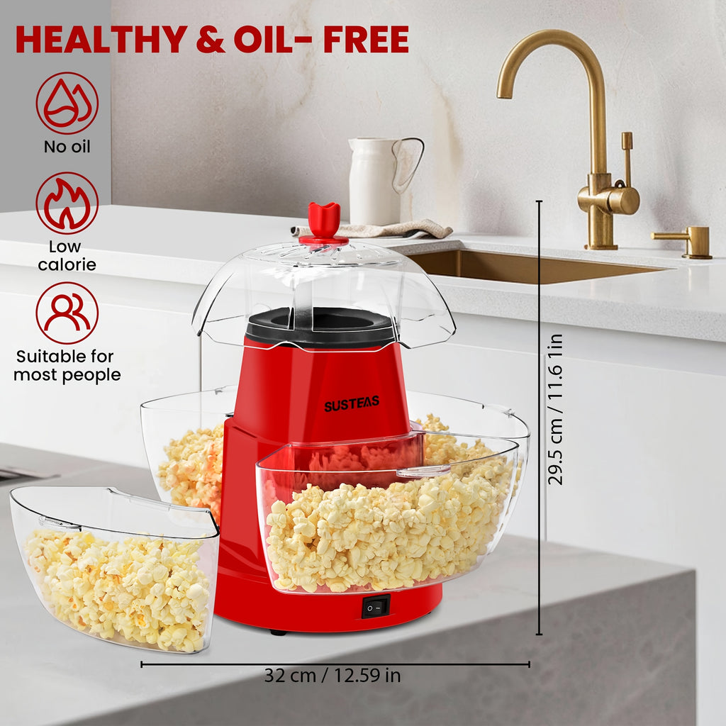 Hot Air Popcorn Maker 1200W Oil-Free Electric Popcorn Popper with 4 Serving Bowls, 95% Pop Rate, Ready in 3 Minutes, Overheating Protection – Healthy Snack Machine for Movie Nights & Parties
