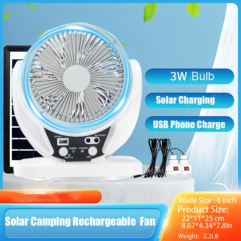 Portable Solar-Powered LED Camping Fan with USB Charging – Foldable 3-in-1 Fan, Light & USB Charger for Outdoor Adventures, Camping & Desktop Use