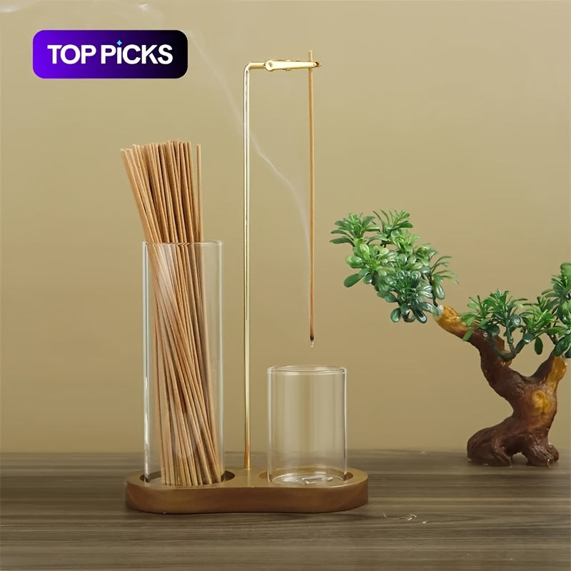 4-Piece Minimalist Glass Incense Holder Set with Wooden Base – Transparent Zen Style Ash Catcher for Yoga, Meditation & Home Decor