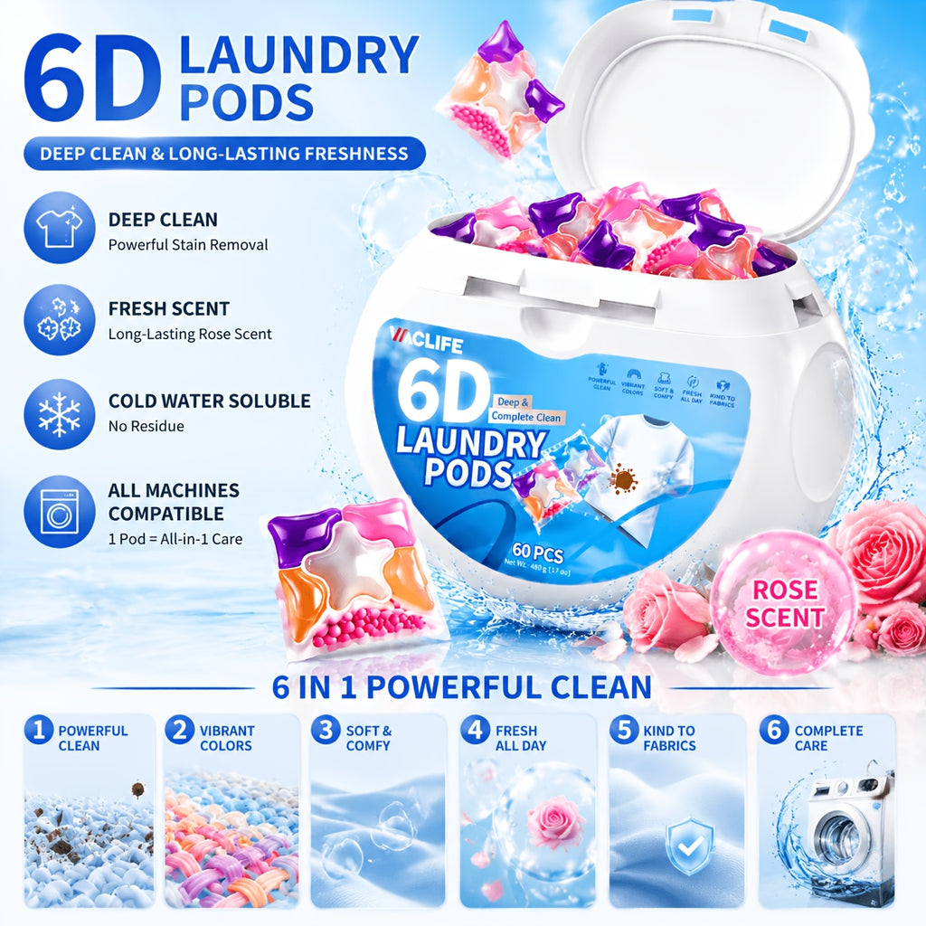 6-in-1 Laundry Detergent Pods 50 Count + 10 Bonus, Deep Clean Stain Removal Color Protection Fabric Softening Long-Lasting Rose Fragrance, Fast Dissolving HE Washer Compatible Laundry Pods