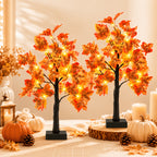 Fall Maple Leaf Tree Table Lamps 2-Pack 21 Inch Battery Powered 24 LED Warm Light Artificial Autumn Tree Lights for Thanksgiving Halloween Indoor Home Decor