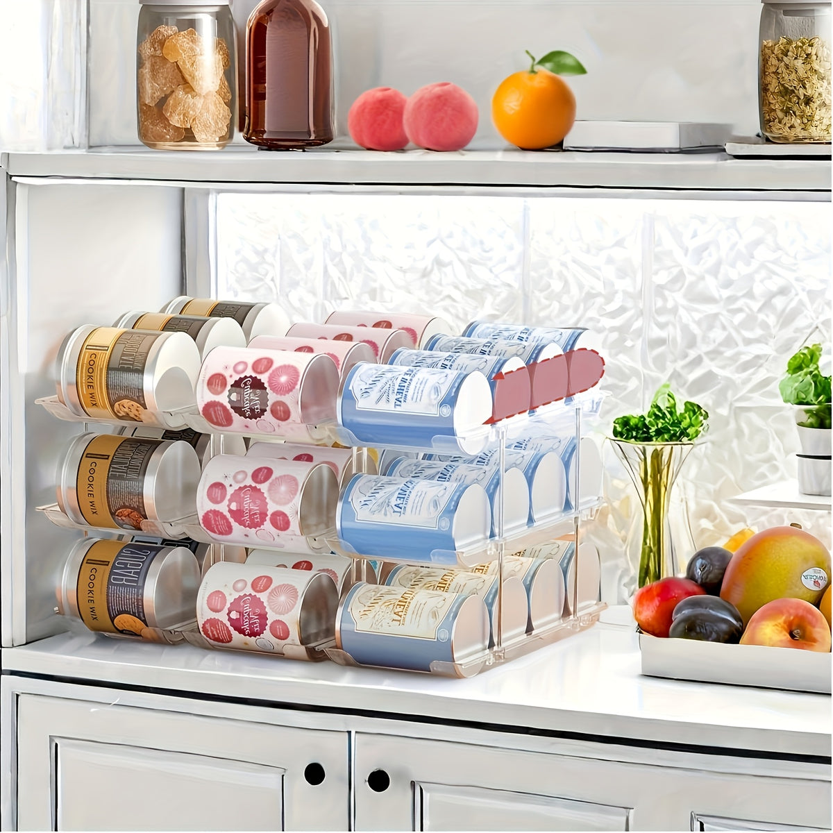 Can Organizer Rack for Fridge & Pantry 3-Tier Stackable Rolling Soda Can Dispenser Clear Plastic Space-Saving Canned Food Storage — 1 or 3 Sets
