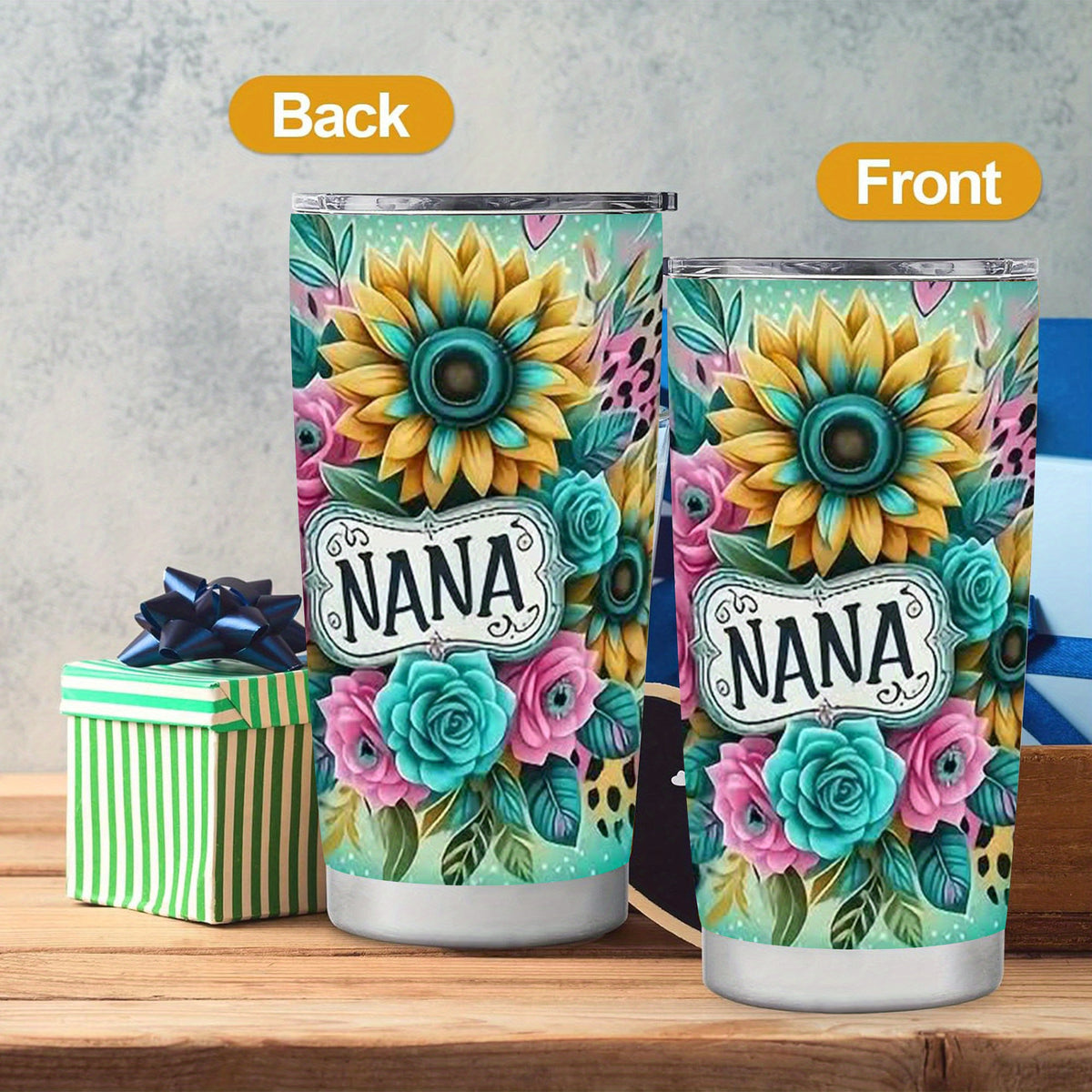One Nana Tumbler Stainless Steel 20oz - Petal Floral Design Insulated Cup with Lid, Double Wall Vacuum Travel Mug for Hot & Cold Drinks, Gift for Mom Grandma Sister Office Camping
