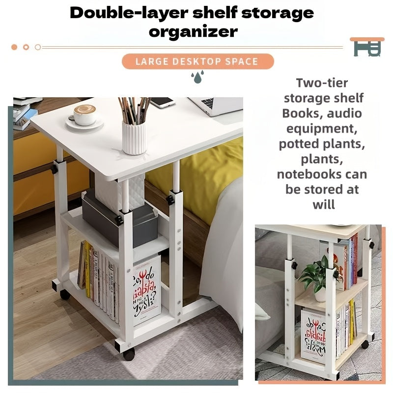Rolling Over-Bed Table with 2-Layer Storage Rack | Mobile Bedside & Sofa Laptop Table, Solid Metal Frame, Smooth Wheels, Space-Saving Design – Multiple Colors