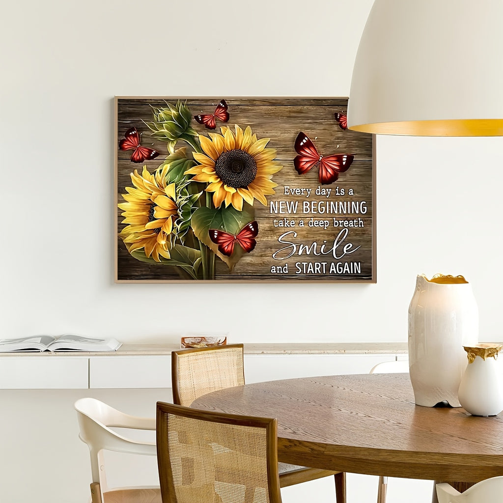 Inspirational Quote Canvas Wall Art Framed Sunflower Red Butterfly – Every Day Is A New Beginning Rustic Farmhouse Wall Decor Ready to Hang, Motivational Living Room Bedroom Gift