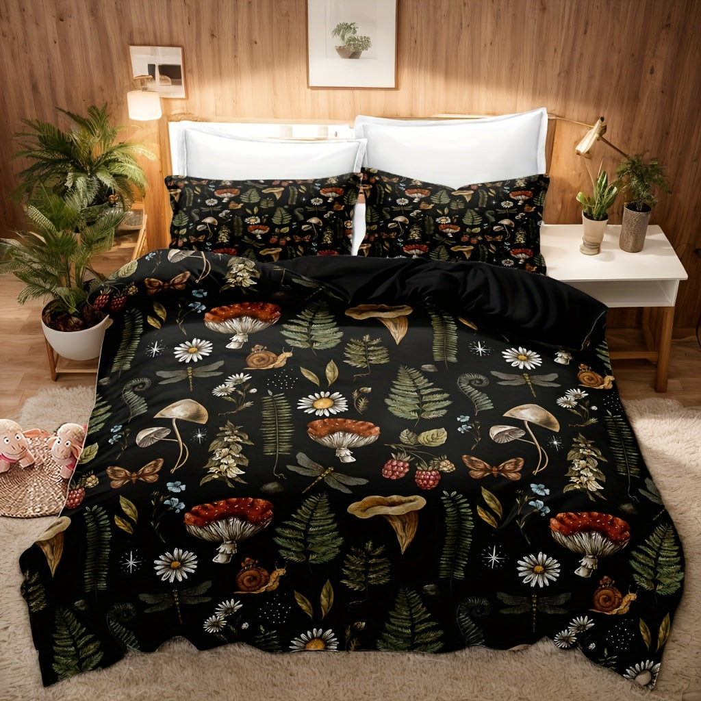 Mushroom Forest Print Duvet Cover Set 3 Piece Soft Polyester Quilt Cover with 2 Pillowcases Cottagecore Bedding Twin Full Queen King
