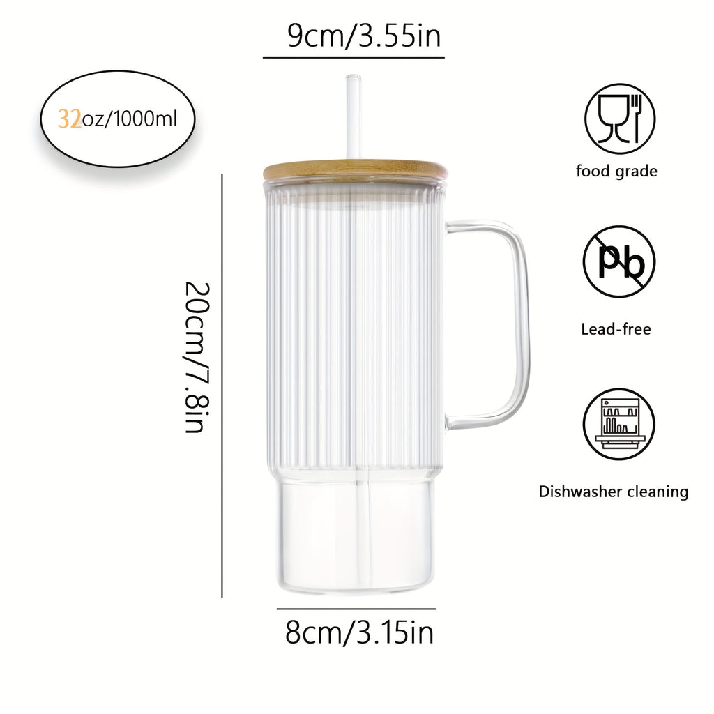 32oz Ribbed Glass Cup with Handle, Bamboo Lid & Straw – Large Clear Glass Tumbler for Iced Coffee, Hot & Cold Drinks – Aesthetic Glassware for Home & Office