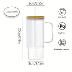 32oz Ribbed Glass Cup with Handle, Bamboo Lid & Straw – Large Clear Glass Tumbler for Iced Coffee, Hot & Cold Drinks – Aesthetic Glassware for Home & Office