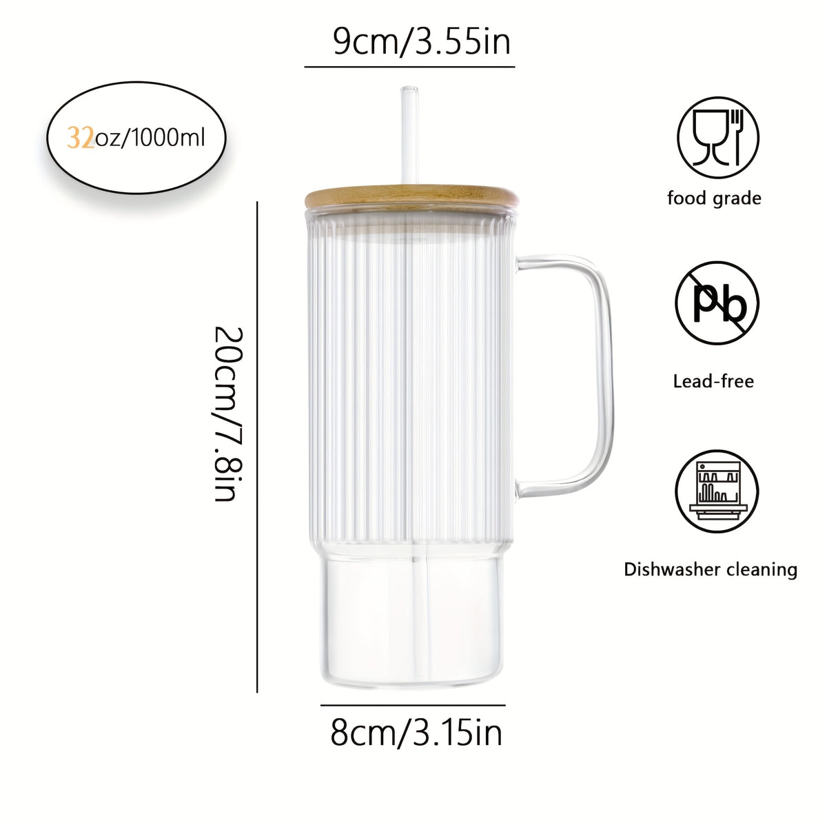 32oz Ribbed Glass Cup with Handle, Bamboo Lid & Straw – Large Clear Glass Tumbler for Iced Coffee, Hot & Cold Drinks – Aesthetic Glassware for Home & Office