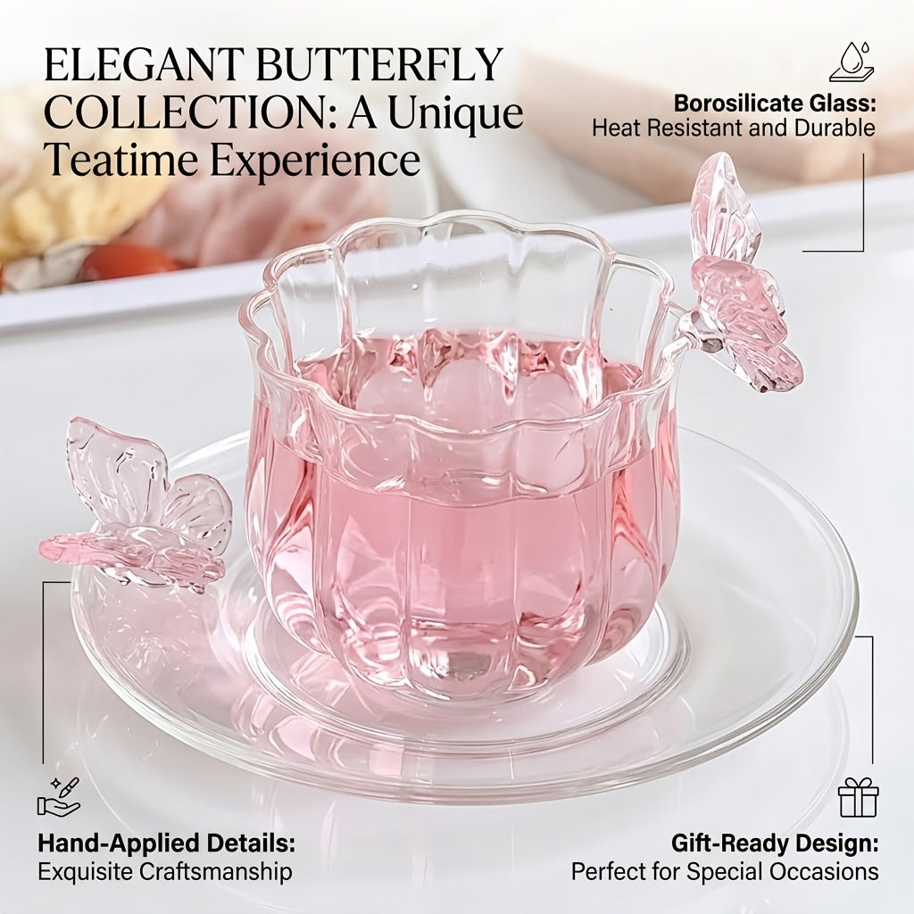 Borosilicate Glass Lotus Tea Cup with Plate 4.73oz – Heat Resistant Transparent Glassware, French Princess Style for Home, Office & Gifting