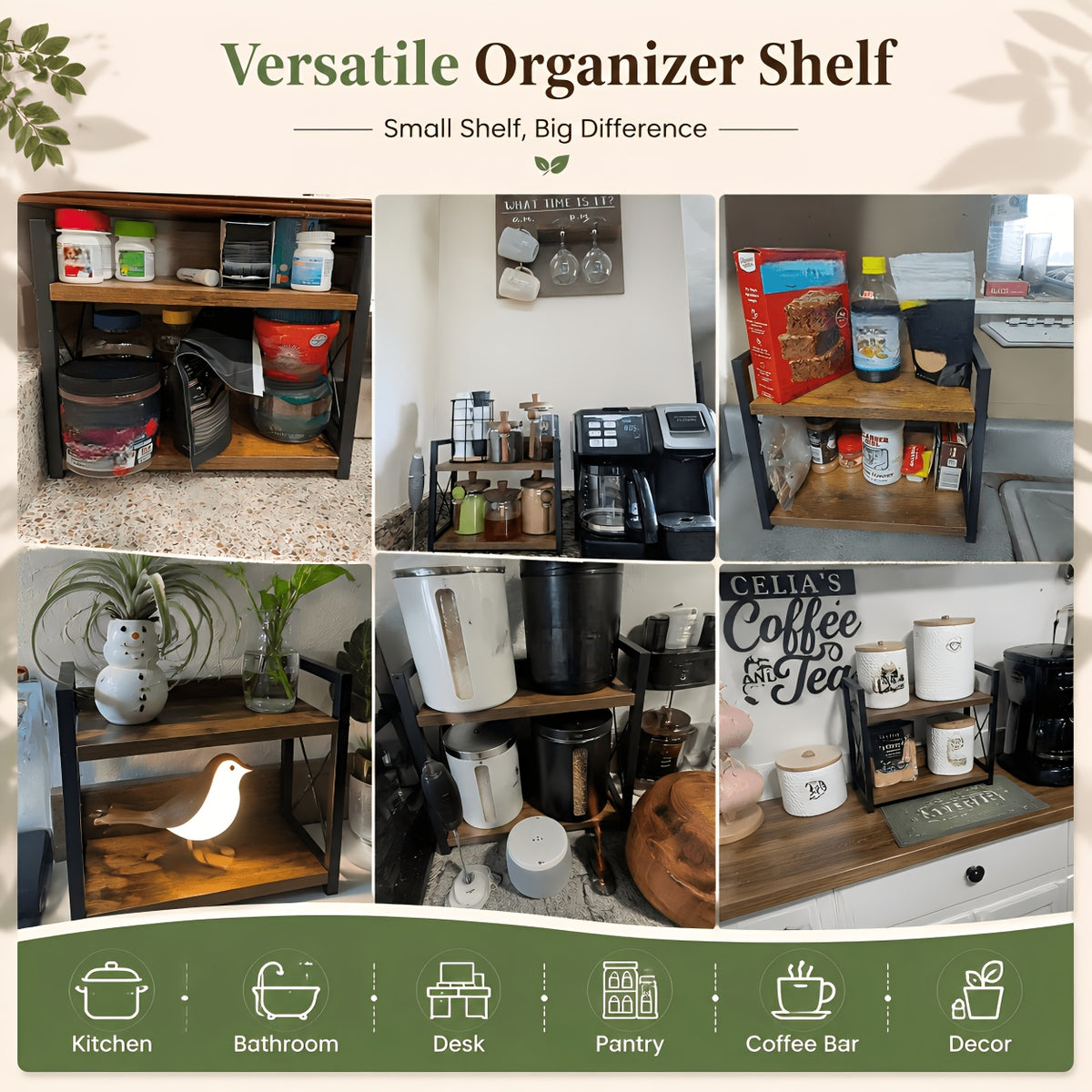 Countertop Spice Rack Organizer with Coffee Pod Holder – Metal Kitchen Seasoning Storage Rack for Counter, Powder-Coated Bathroom Cosmetics Organizer