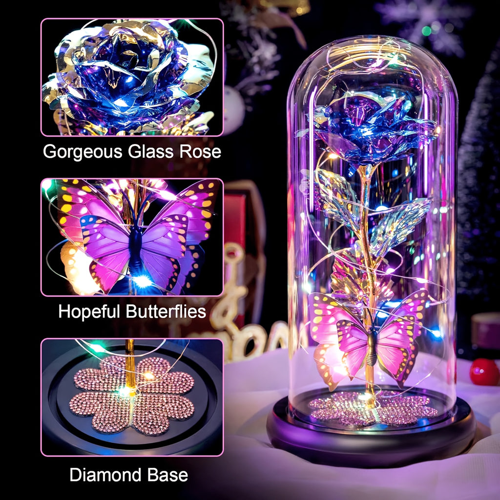 Galaxy Glass Rose Dome Eternal Crystal Flower with Butterfly LED Glow Night Light Gift for Mom Wife Sister Daughter Mother's Day Birthday Valentine's Day Purple
