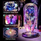 Galaxy Glass Rose Dome Eternal Crystal Flower with Butterfly LED Glow Night Light Gift for Mom Wife Sister Daughter Mother's Day Birthday Valentine's Day Purple