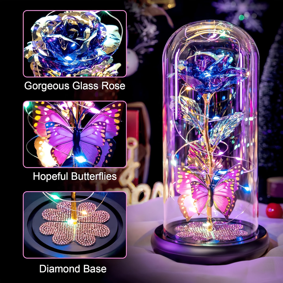 Galaxy Glass Rose Dome Eternal Crystal Flower with Butterfly LED Glow Night Light Gift for Mom Wife Sister Daughter Mother's Day Birthday Valentine's Day Purple